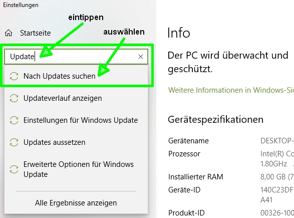 Systemeinstellungen für Windows Updates